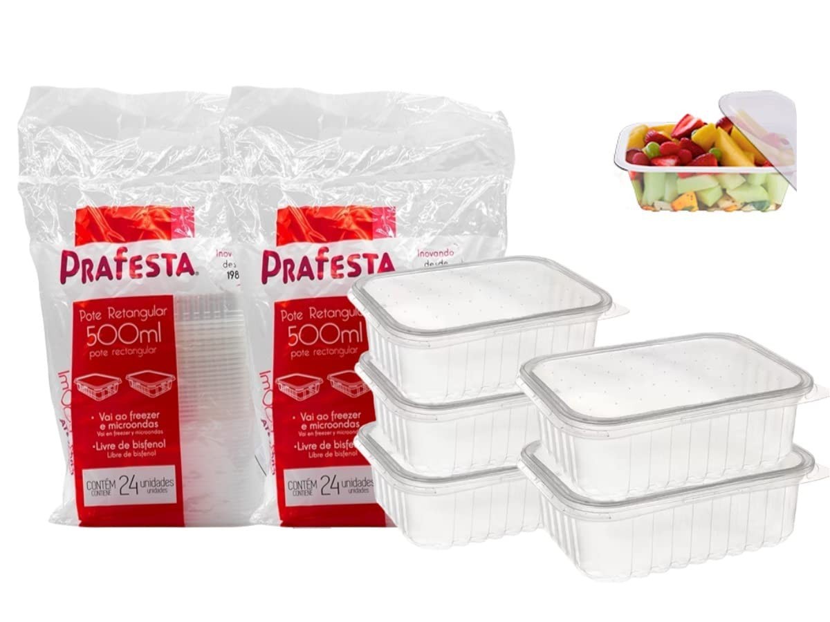 Kit 48 Potes Descartáveis Prafesta 500ml com Tampa - Retangular, BPA Free, Ideal para Marmitas Fitness e Armazenamento
