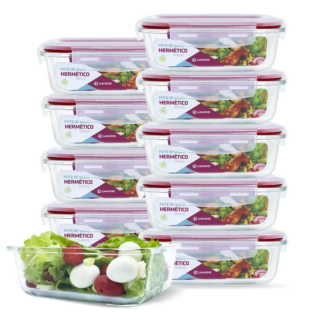 KIT 10 Potes de Vidro Retangular com Tampa Hermética 640ml - Cor: Vermelho - Armazenamento Moderno e Frescor Duradouro