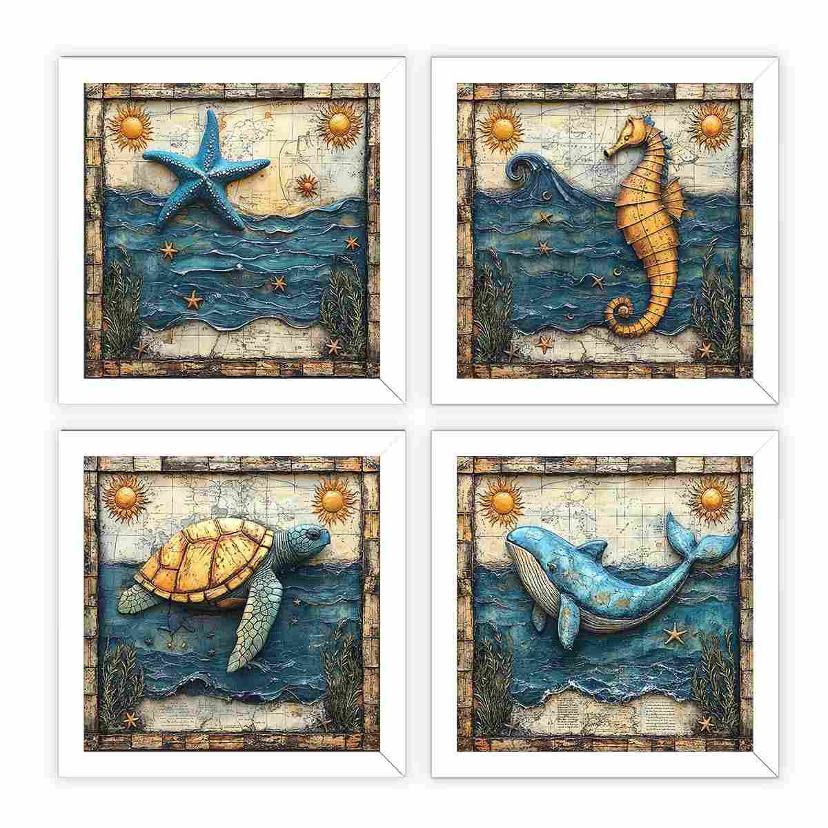 Kit 4 Quadros 18x18 cm Tema Praia - Mar, Sol e Baleia | Moldura de Madeira Sustentável com Estampa Brilhante