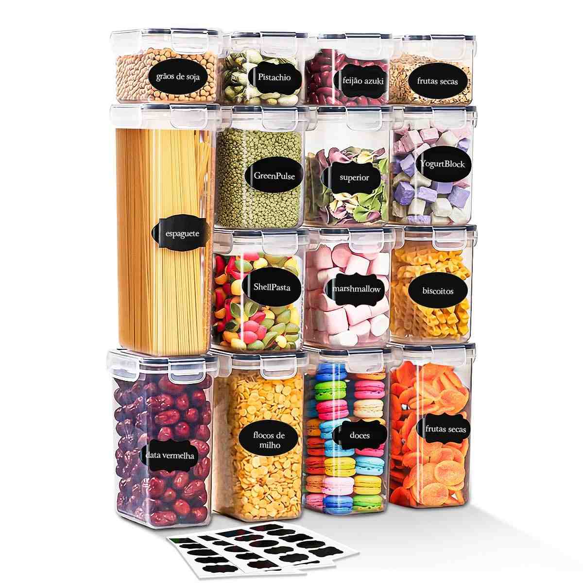 Kit 15 Potes Herméticos com Tampa - Organize sua Cozinha com Estilo e Praticidade