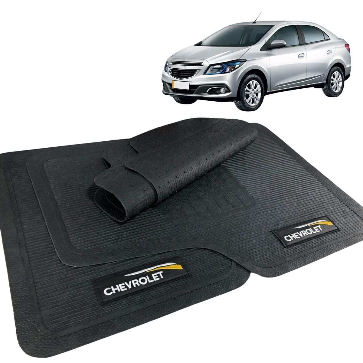 Jogo de Tapetes Borracha Automotivo Premium com Logo Bordado - 5 Peças para Chevrolet Prisma (2012-2015)