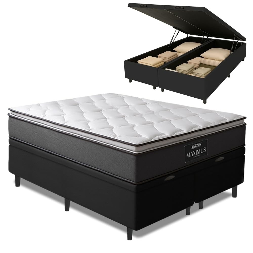 Cama Box Baú King com Colchão Molas Ensacadas e Pillow Top - Conforto Premium 193x203cm