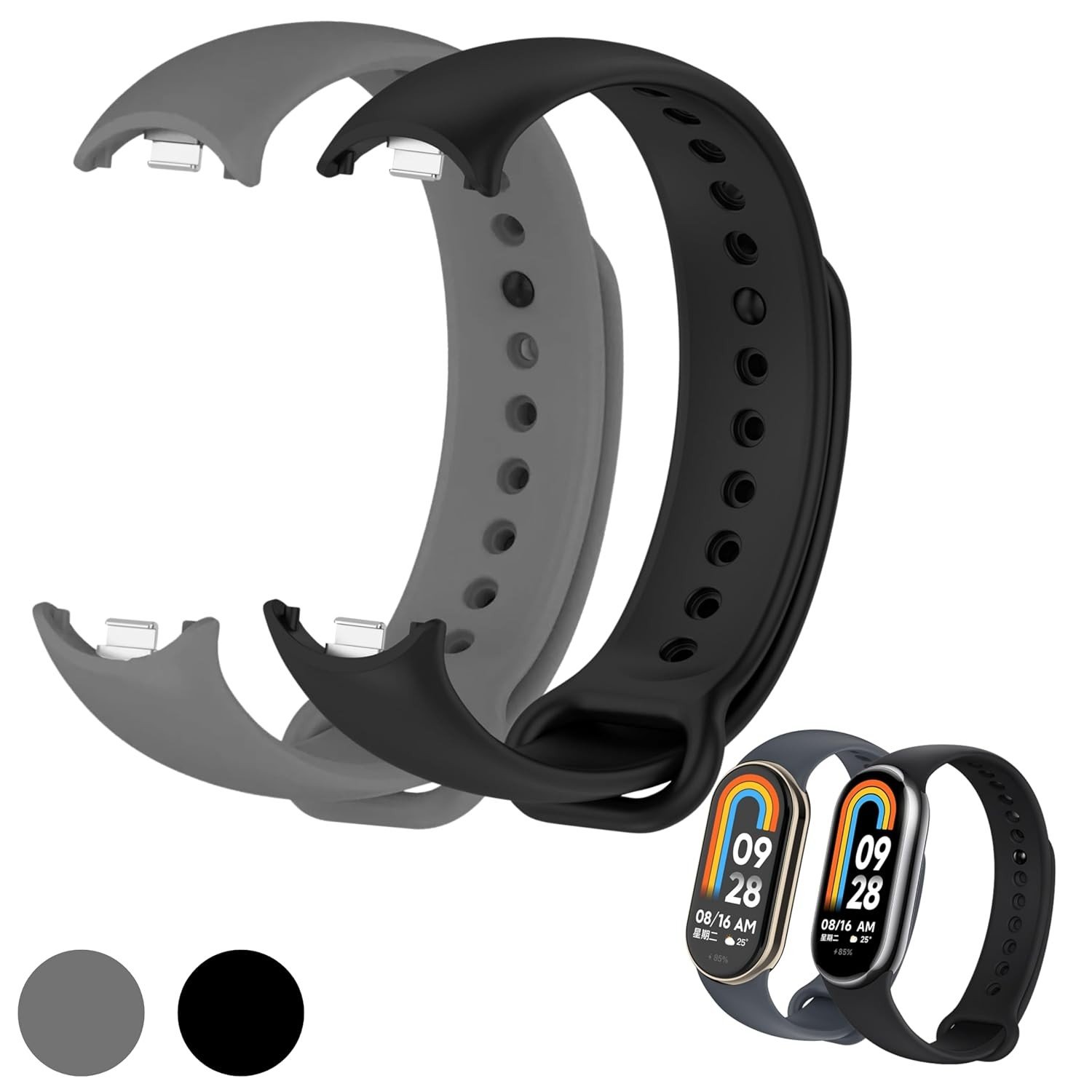 Kit 2 Pulseiras para MI Band 8 Cor Preto e Cinza Bracelete em Silicone TPU Regulavel Macia Confortavel e Regulagem para Vários Tamanhos
