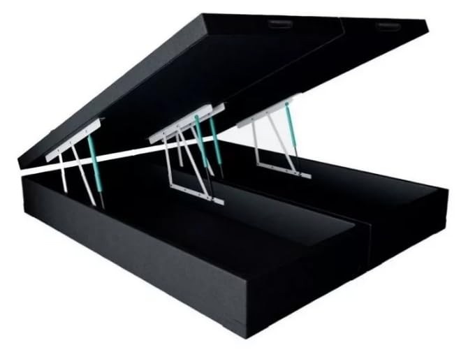 Cama Box Queen Size com Bau Pistão a Gás em Suede Preto - 158x198x27 cm