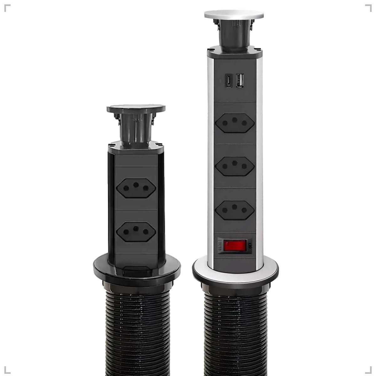 Torre de Tomada Retrátil Embutir: 3 Tomadas + USB-C e USB Padrão (Preto) - Elegância e Praticidade
