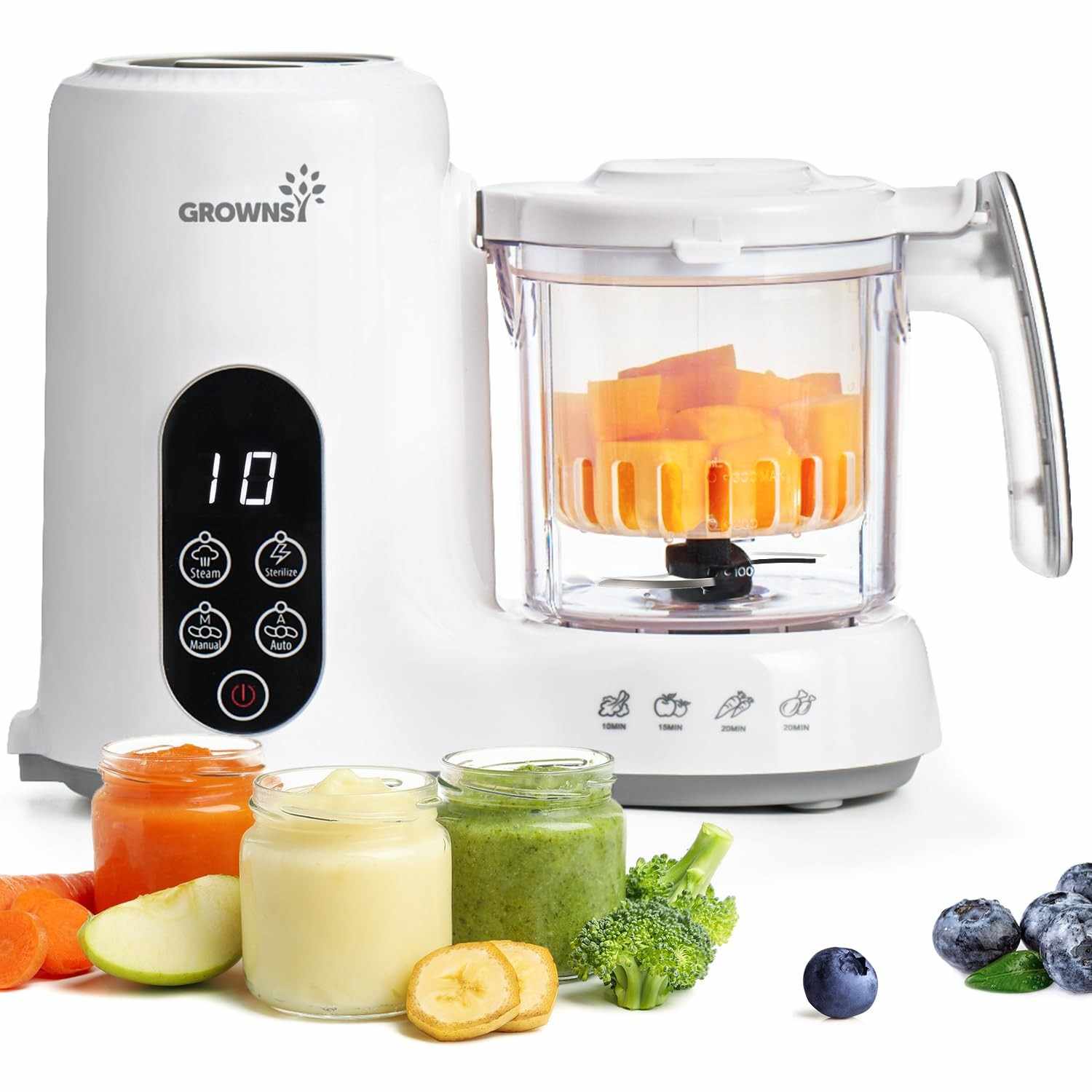 GROWNSY Máquina de Alimentos para Bebês com Cesto a Vapor - Processador Completo com Estéril