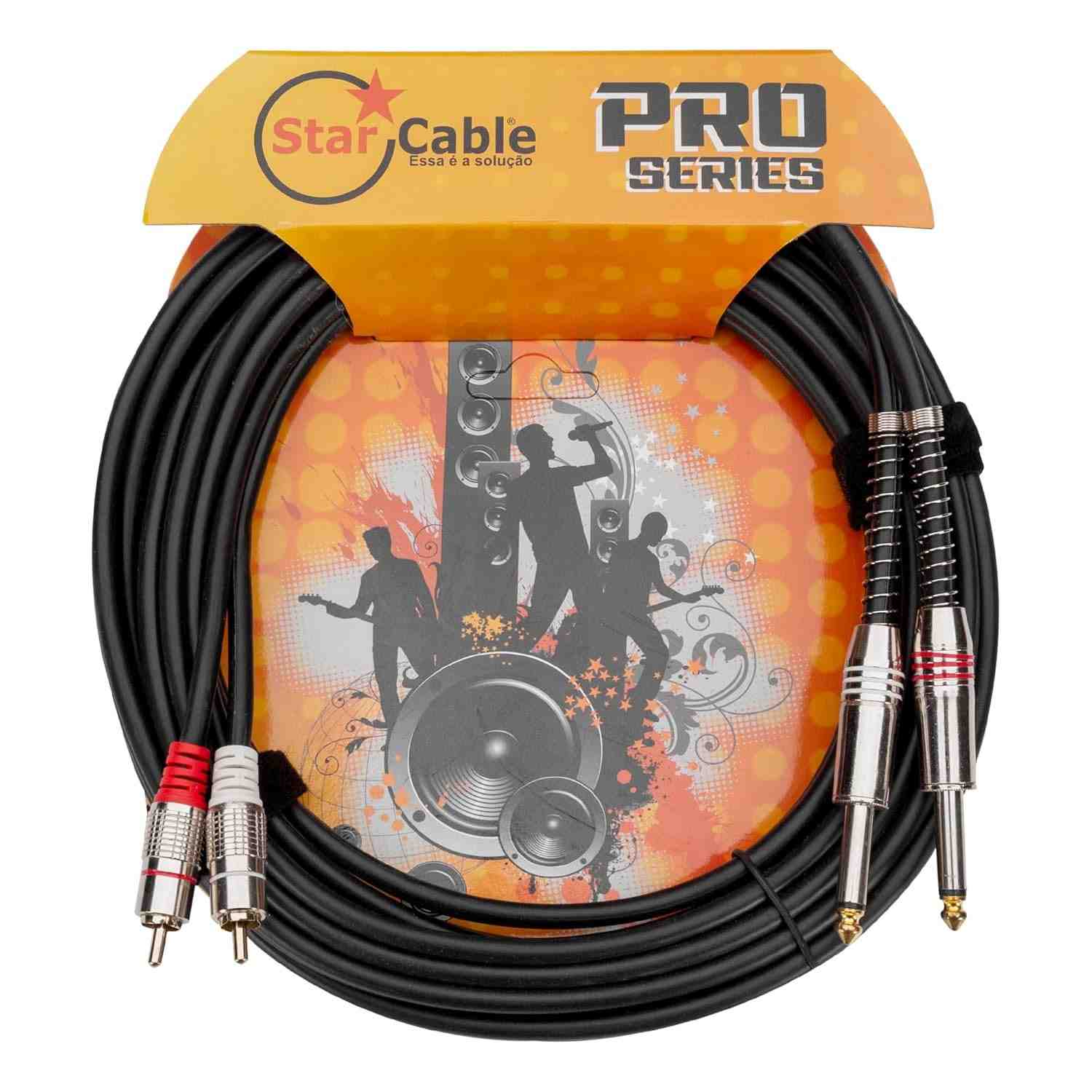 Cabo de Áudio Star Cable Pro Series 5m: 2x P10 Mono para 2x RCA - Conexão Profissional e Impecável