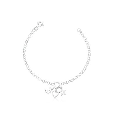Pulseira Prata 925 com Patuá Estrela Lua e Coração
