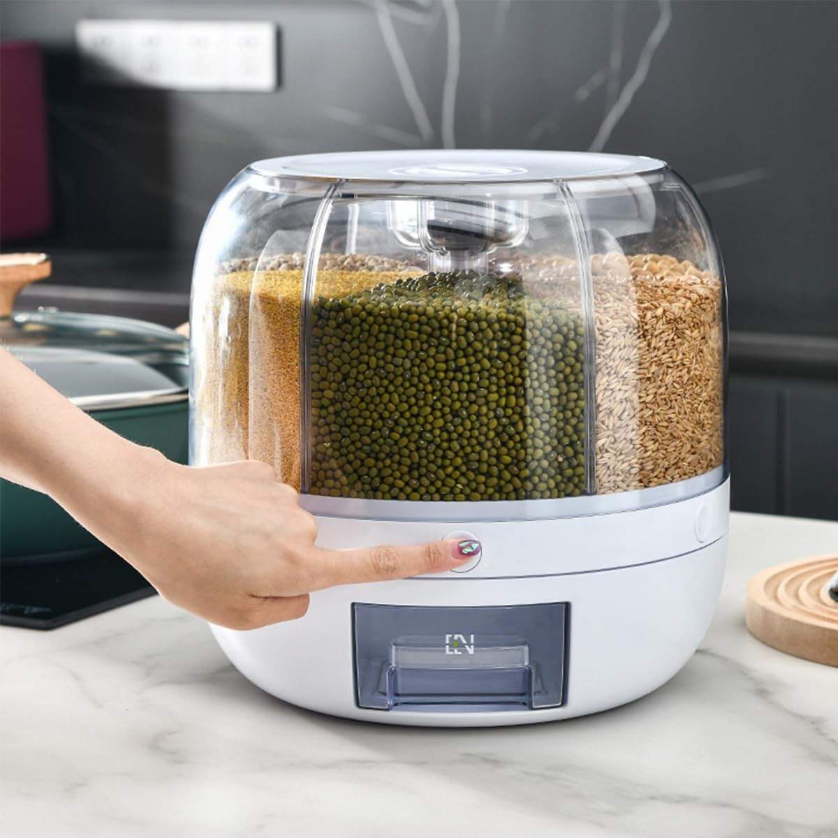 Python Fly - Dispensador de Grãos Rotativo com 6 Divisórias, Armazenamento Transparente para Cozinha, 23 cm