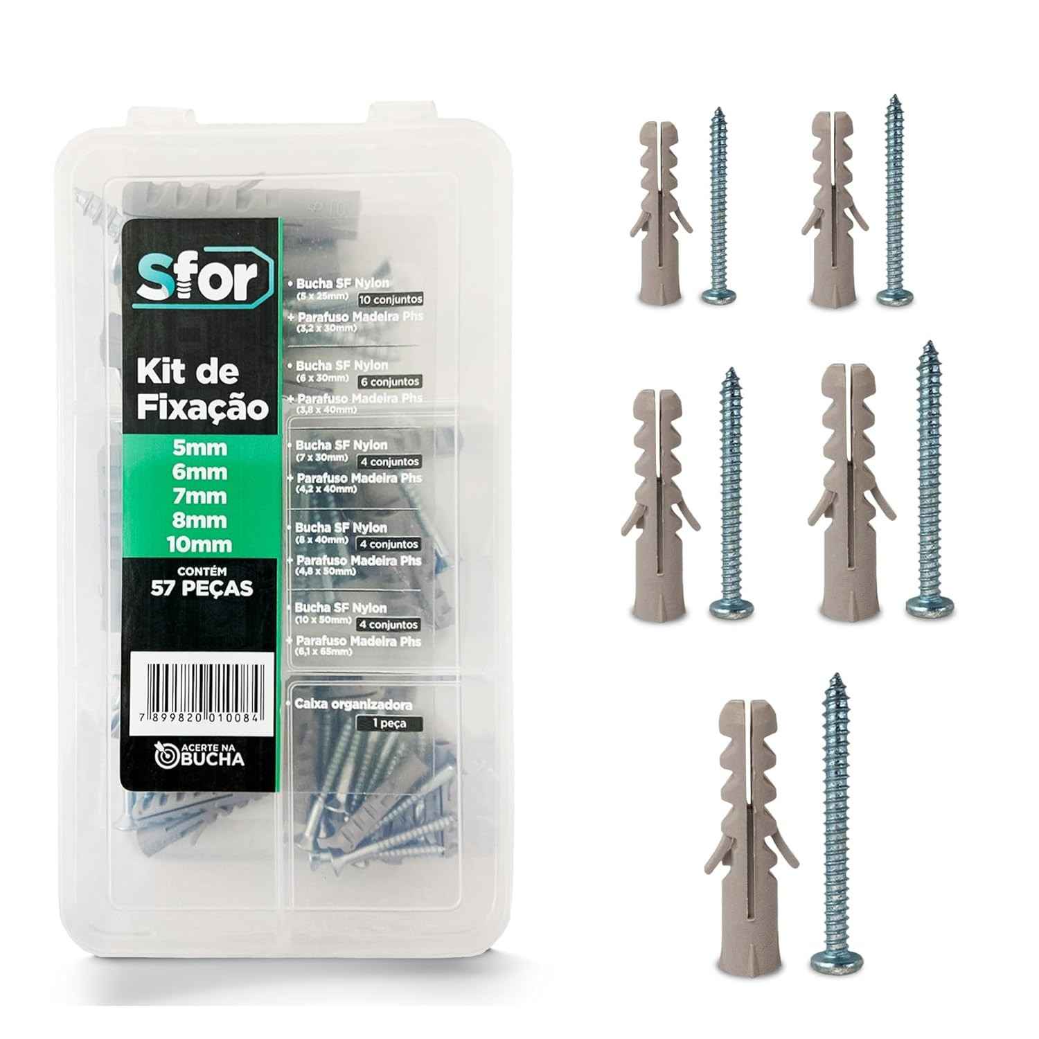 Kit Fixação SFOR: 57 Peças Essenciais para Concreto e Paredes Maciças | Buchas e Parafusos de Qualidade