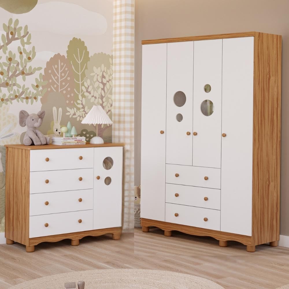 Quarto de Bebê Completo com Guarda-Roupa 4 Portas e Cômoda 3 Gavetas em MDF Premium