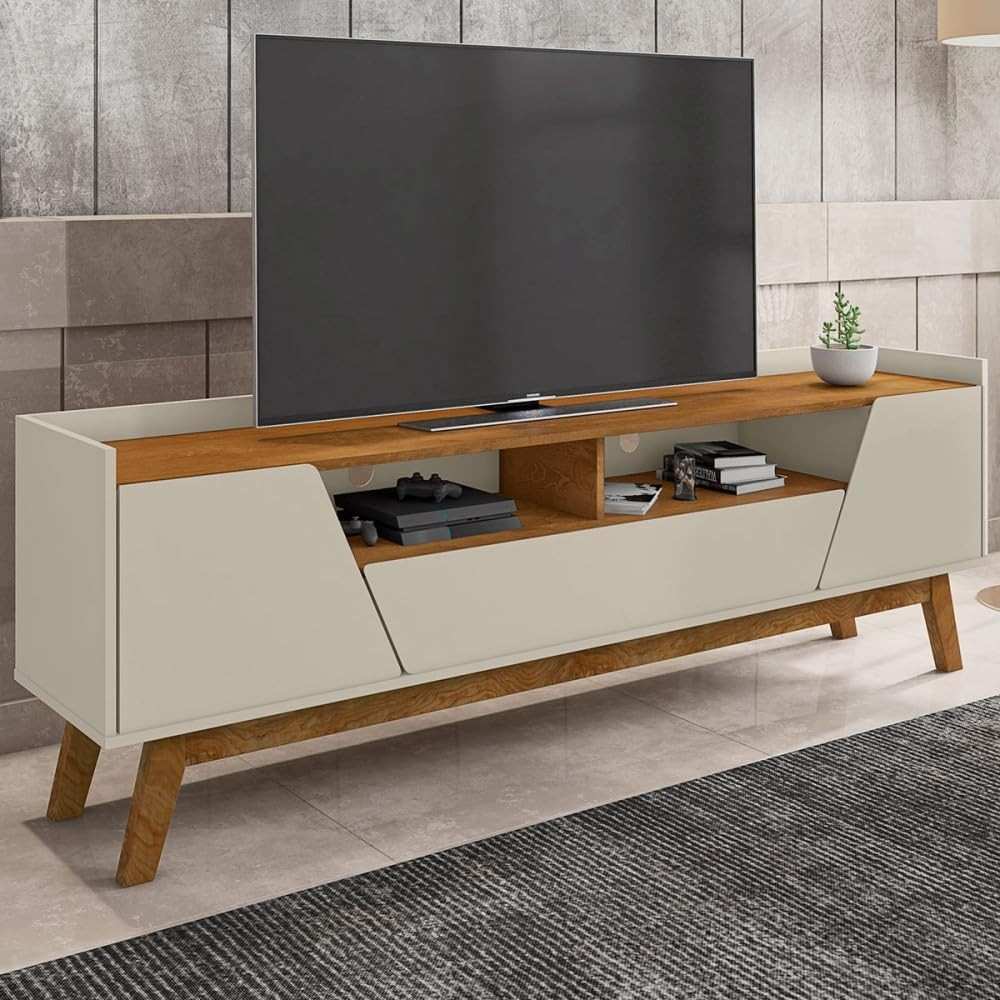 Rack Sala Florença para TV até 70" | Design Moderno em Madeira Off White com Pés Naturais