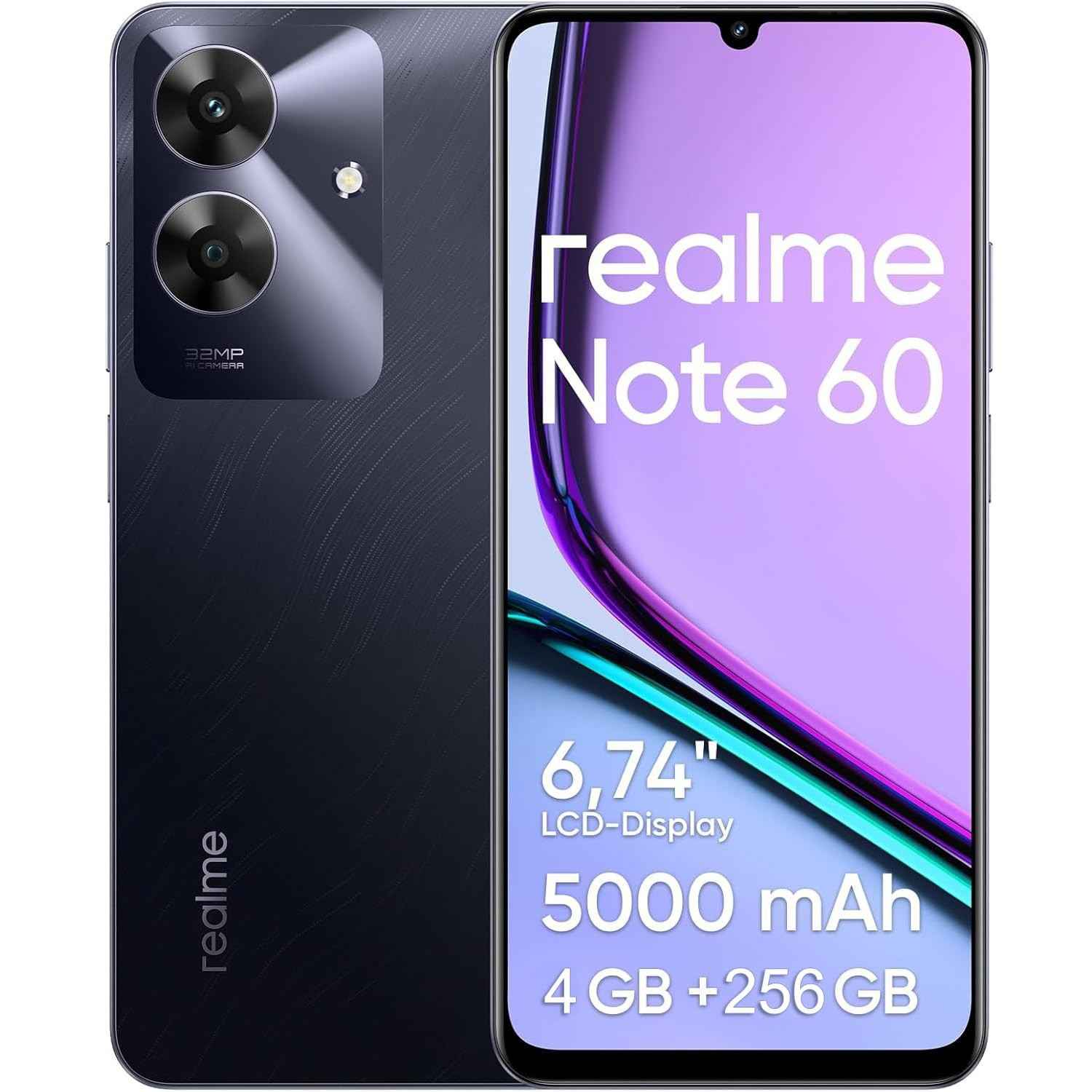 Celular Realme Note 60: 256GB, 4GB RAM Expansível, Tela 6.74" 90Hz, Bateria 5000mAh e Câmera 50MP - Preto