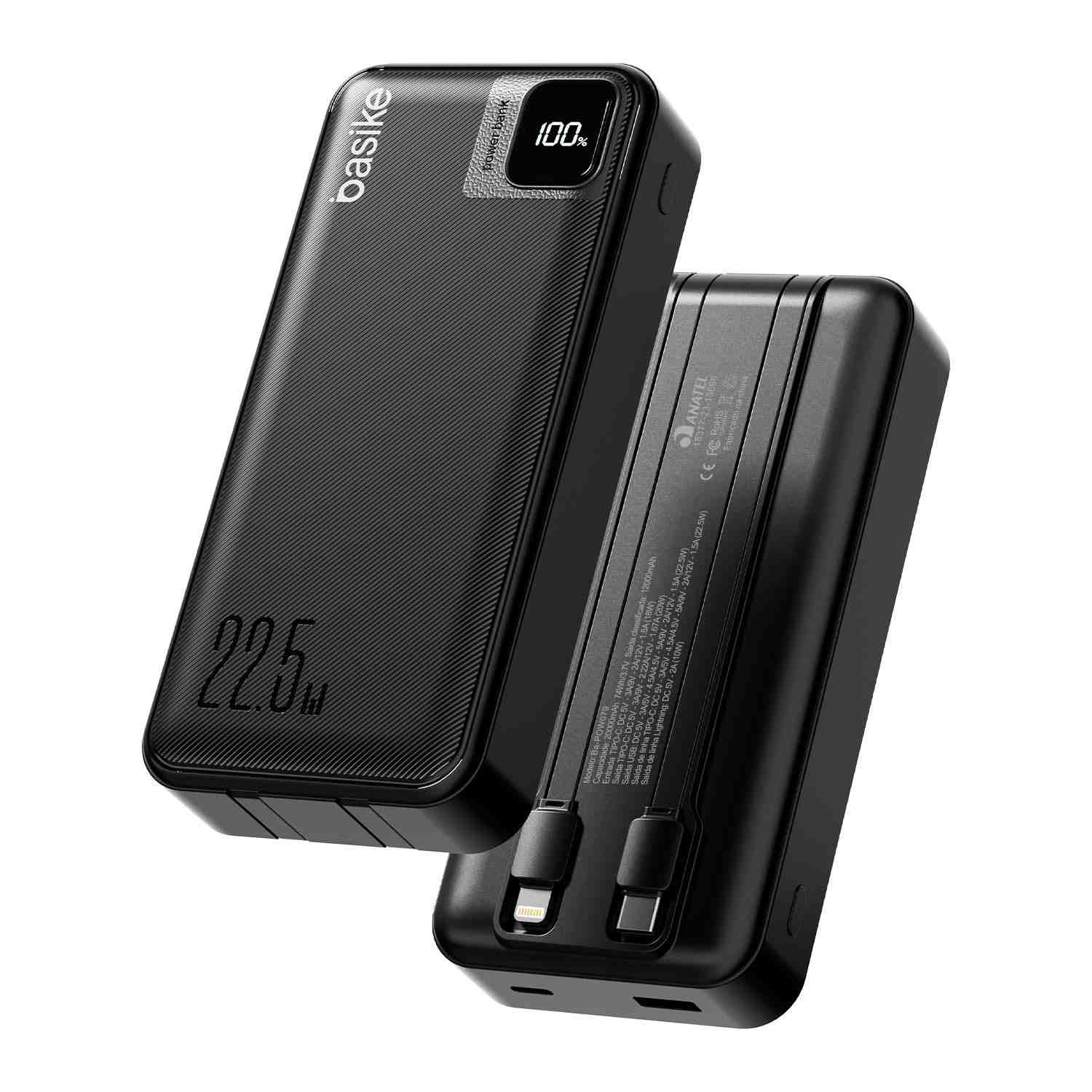 Basike Power Bank 20000mAh: Carregador Portátil Universal Rápido com 2 Cabos Integrados (USB-C/Lightning) e Display LED