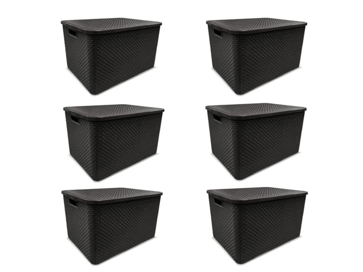 Kit com 6 Caixas Organizadoras Rattan 7L com Tampa Preta - Multiuso e Decorativa
