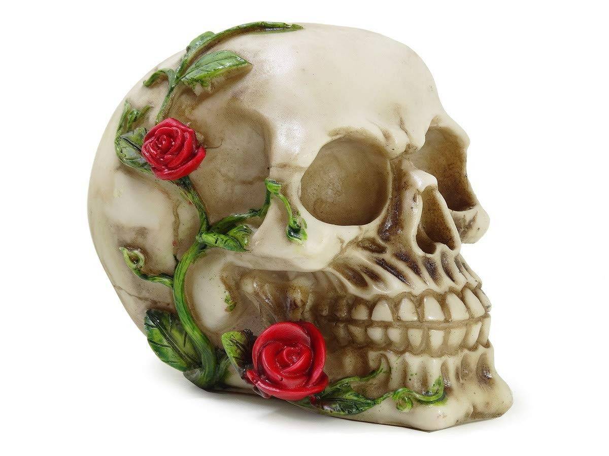 Crânio Caveira com Rosas na Boca - Decoração Temática em Resina Realista