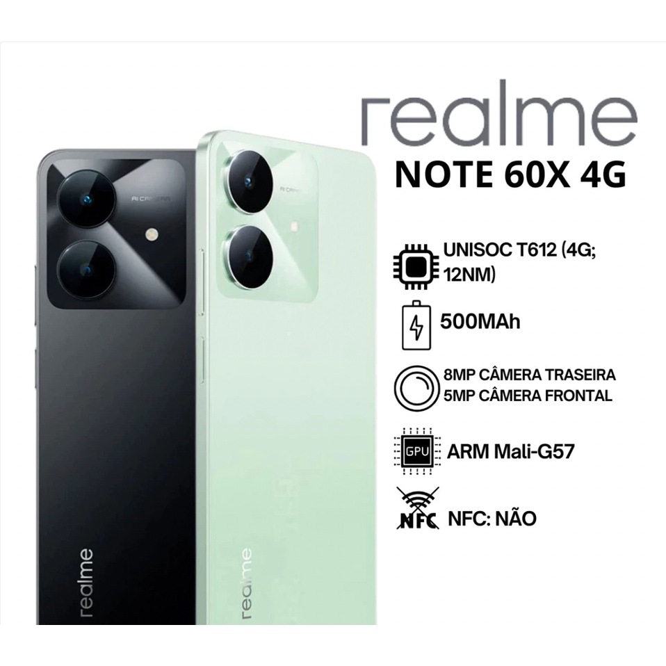 Realme Note 60X: Smartphone 4G com 128GB e Câm. 8MP