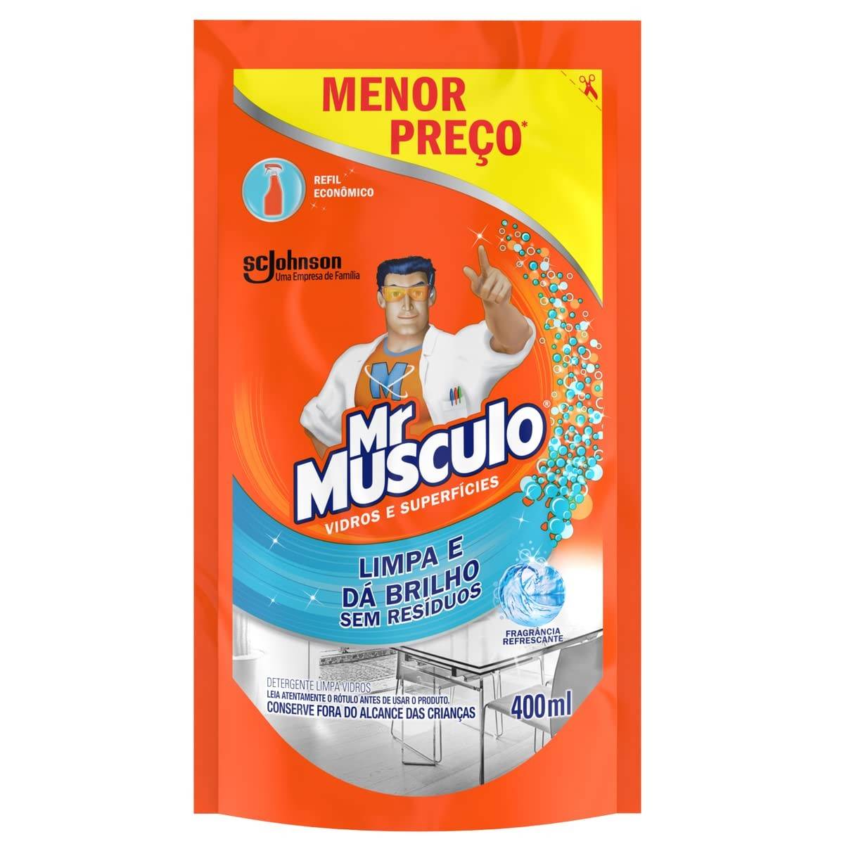 Mr Músculo Limpa Vidros Refil Sachê 400ml - Brilho Impecável e Limpeza Rápida