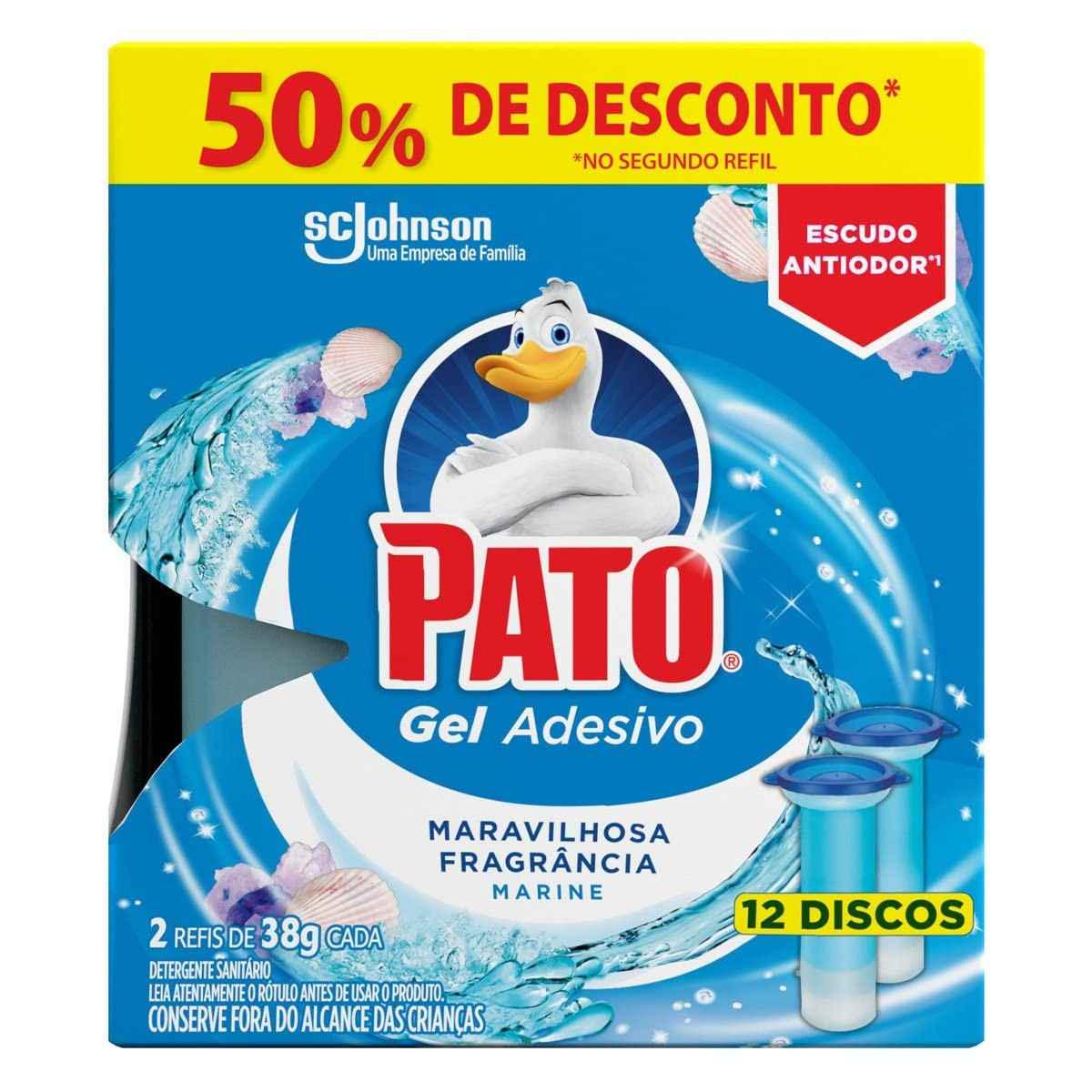 Pato Desodorizador Sanitário Gel Adesivo 2 Refis Marine - 12 Discos para Banheiro