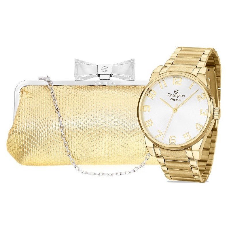 Relógio Champion Dourado + Clutch: Elegância à Prova D'Água