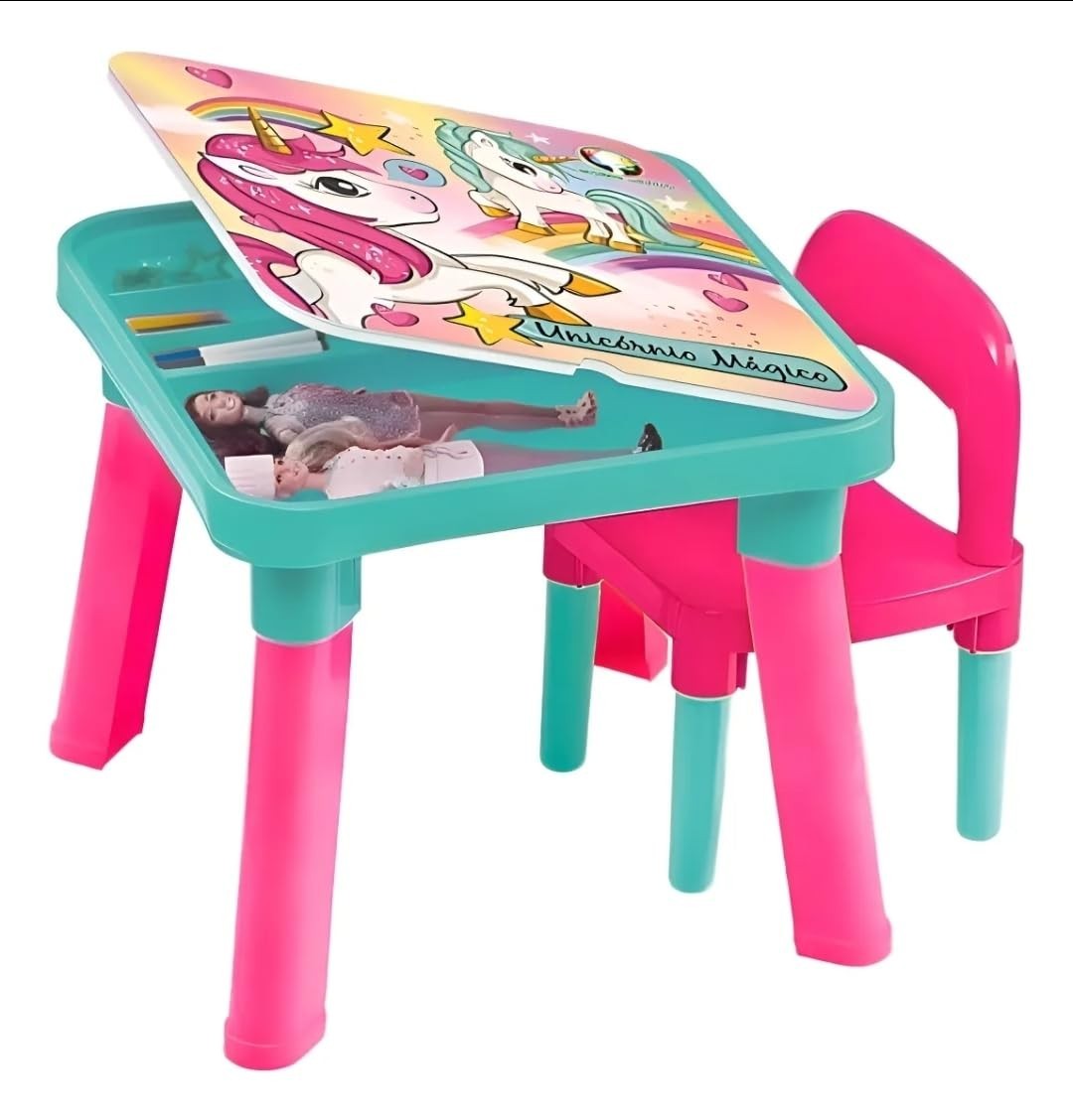 Mesa Infantil Unicórnio com Tampa Removível e Cadeira - Rosa Divertido para Brincar e Aprender