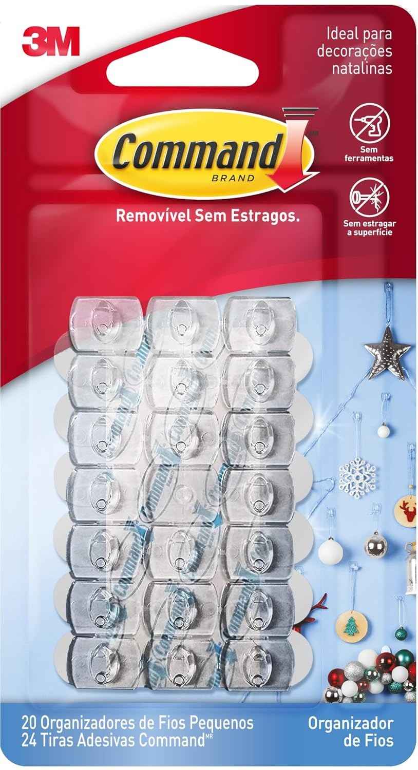 Command 3M - Organizador de Fios e Luzes Natalinas Adesivo Removível Transparente - 20 Unidades