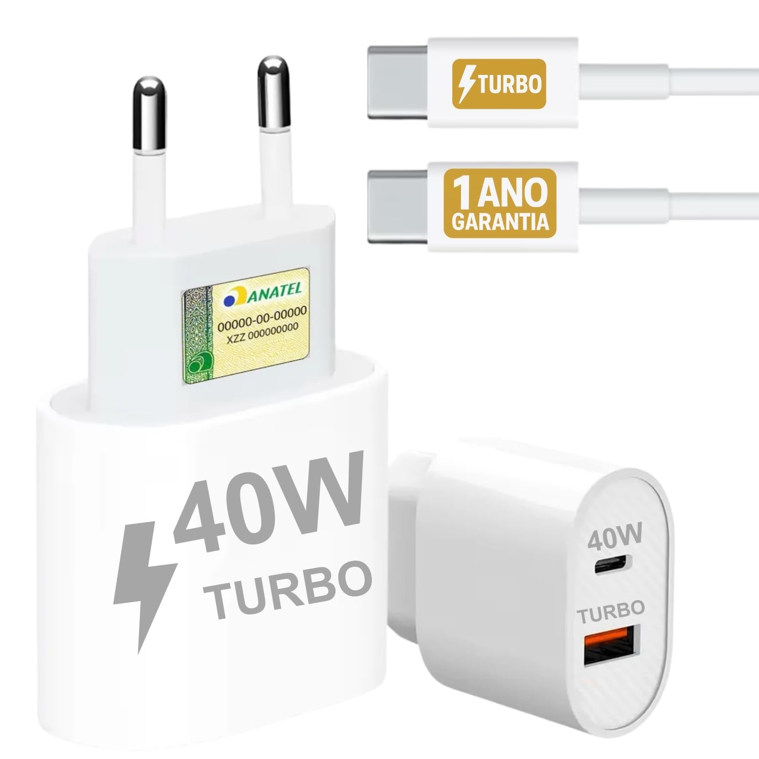 Carregador Turbo 40W 10CLICK® para iPhone 17/16/15 e iPad - Duas Saídas USB-C/USB-A, PD, Ultra Resistente