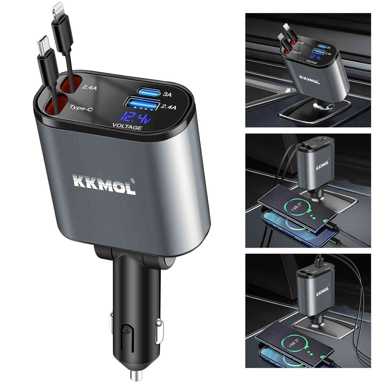 Carregador Retrátil KKMOL 4 em 1: Potência 100W, 2 Cabos e Tela de Tensão para iPhone 15, Galaxy S23 e Mais!