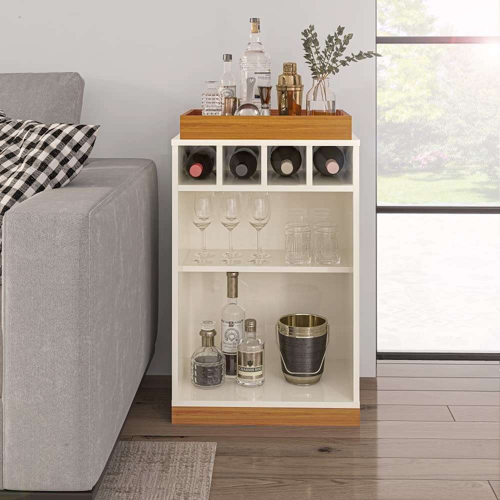 Aparador Bar Retrô com Adega para 4 Garrafas em MDF – Bandeja Astúrias Offwhite/Cedro