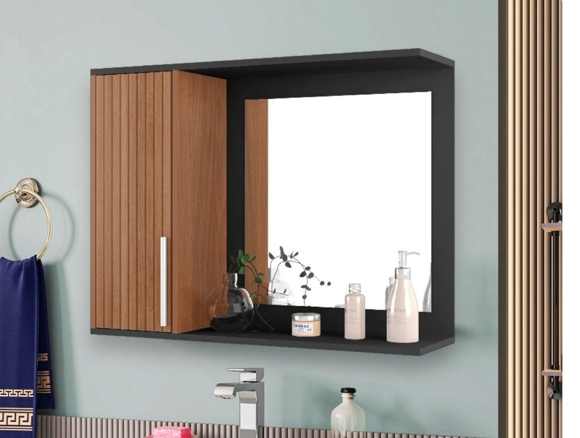 Armário Espelheira para Banheiro Space com Porta – Design Moderno em Preto Ripado