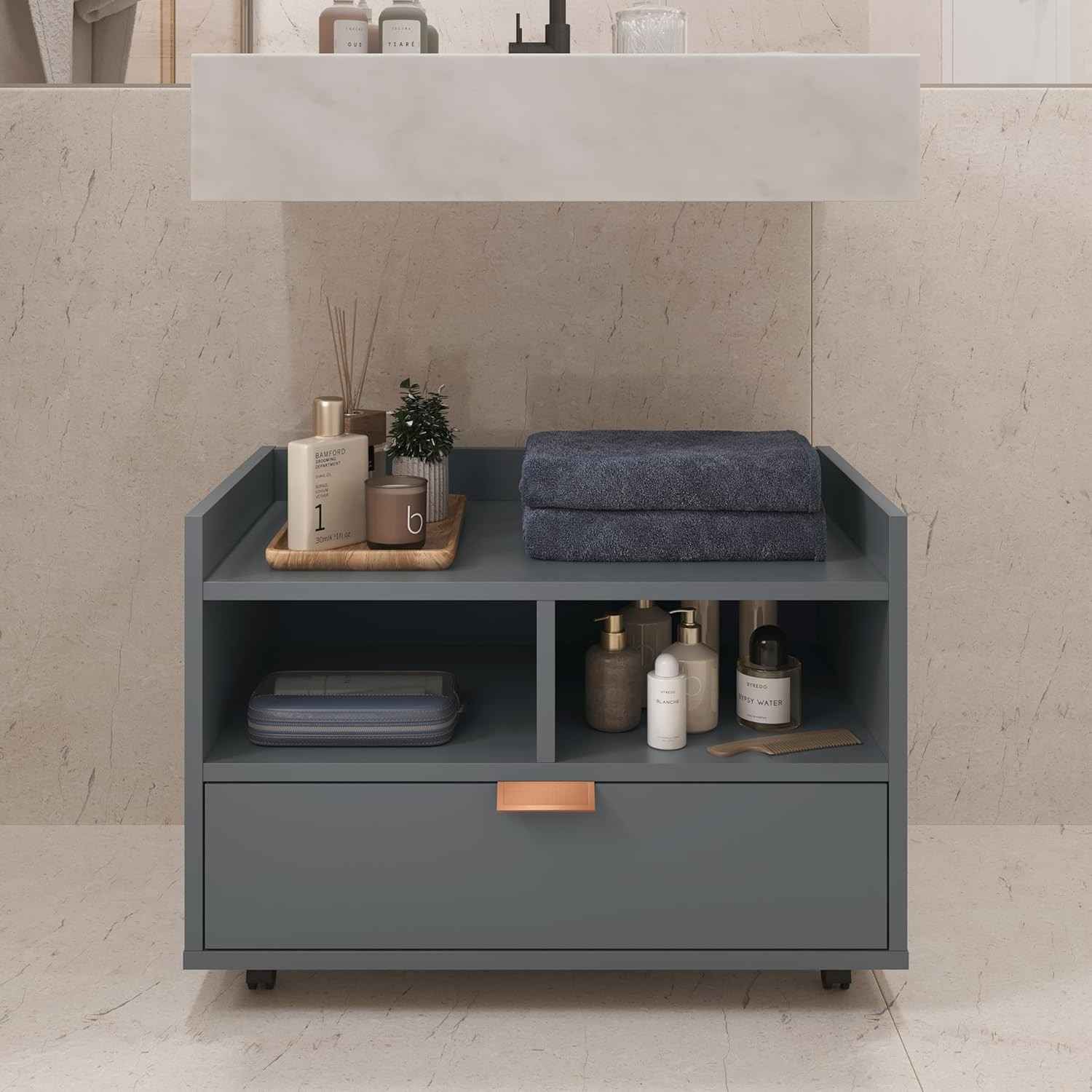 Gabinete Organizador para Banheiro com Rodízios e Design Cobreado Moderno