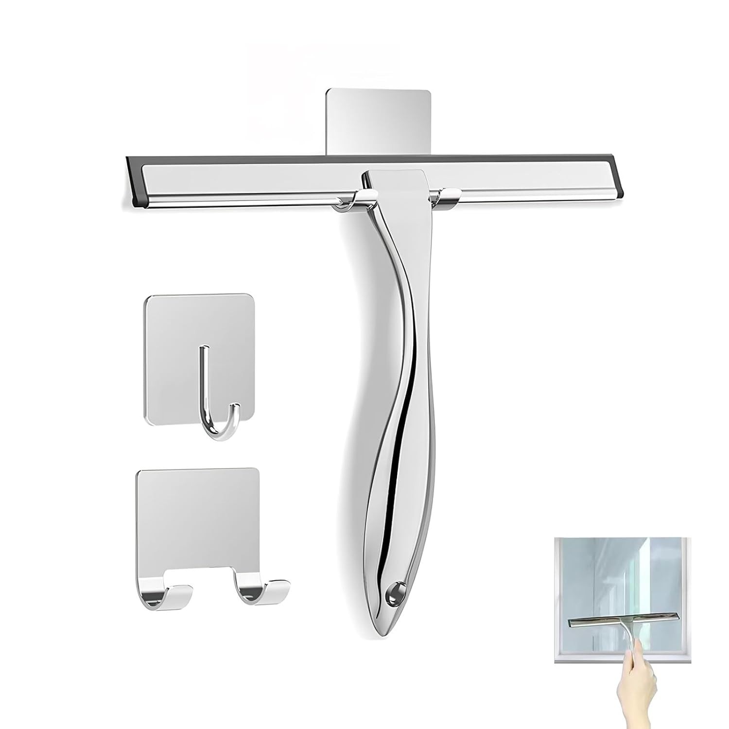Rodo de Chuveiro com Ganchos Adesivos - Aço Inoxidável 31cm para Limpeza de Vidros, Espelhos e Azulejos