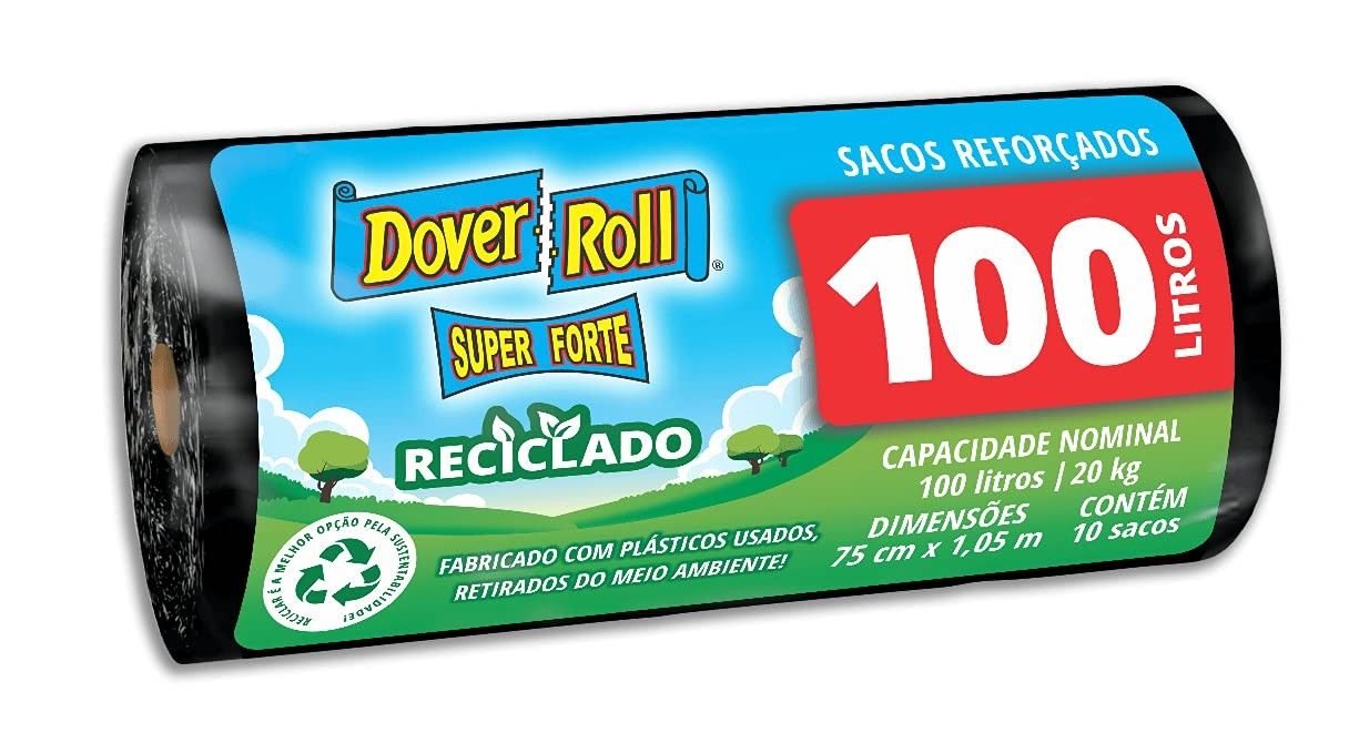 Dover-Roll Super Forte Reciclado 100L Preto - Rolo com 10 Sacos de Lixo Ecológicos