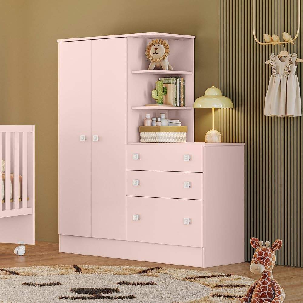 Guarda-Roupa com Cômoda Doce Sonho Rosa - Design Encantador para Quarto Infantil