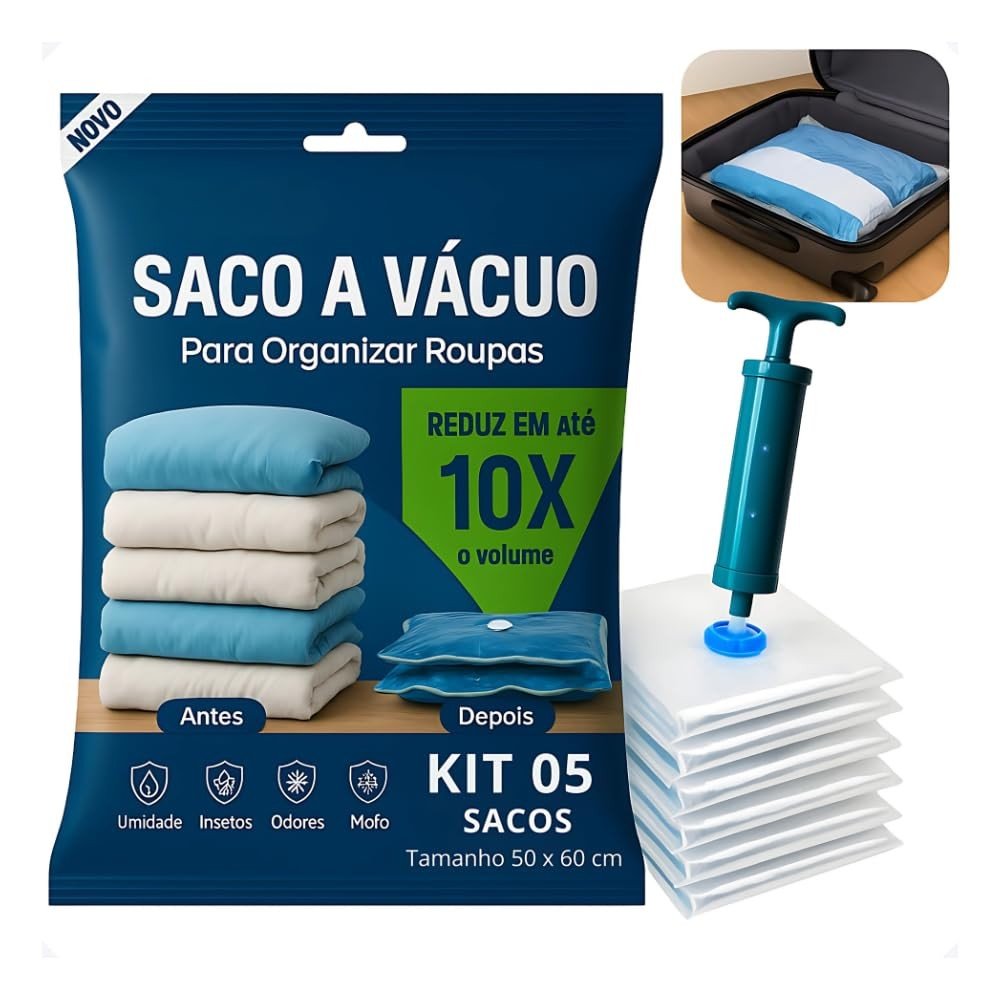 Kit 5 Sacos à Vácuo 50x60 cm com Bomba Manual - Organize e Economize Espaço com Proteção Total