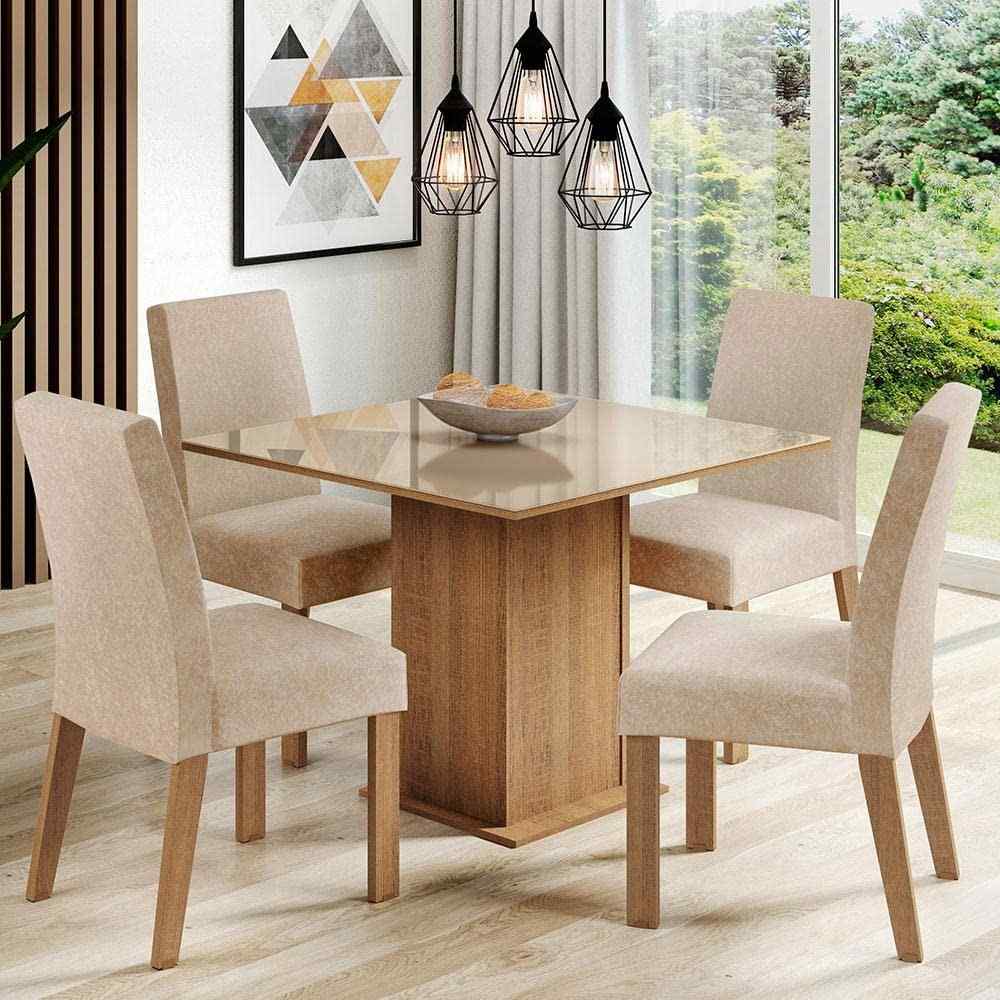 Conjunto Sala de Jantar Madesa Evelin - Mesa com Tampo de Vidro e 4 Cadeiras Modernas