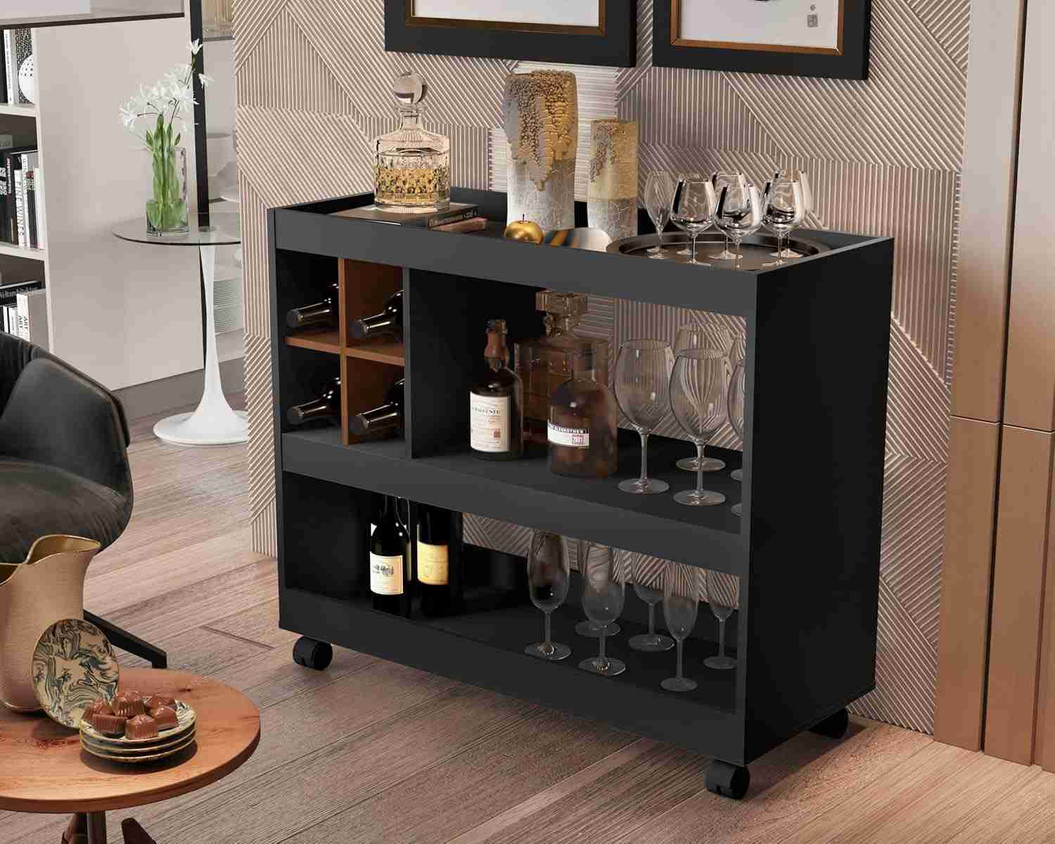 Aparador Bar Buffet com Adega Integrada e Rodízios - Design Moderno para Sala (PRETO)