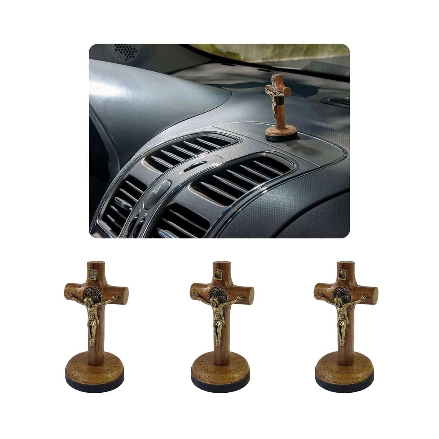 Kit 3 Crucifixos Pequenos São Bento 6cm para Painel de Carro - Madeira Autocolante