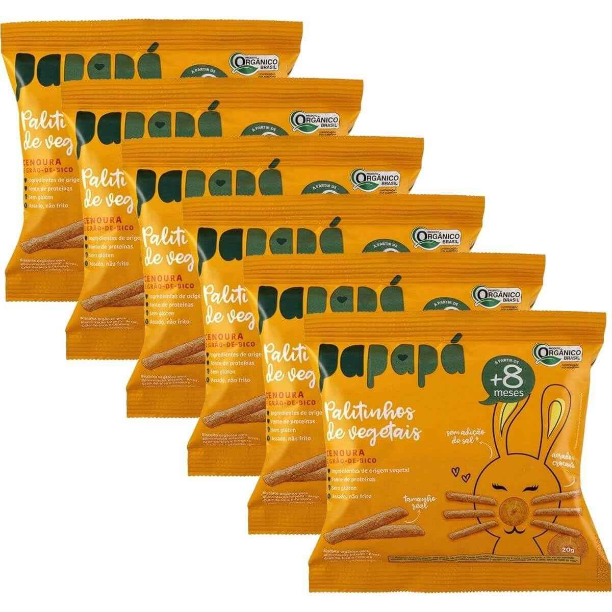 Kit 6 Biscoitos Orgânicos Palitinhos de Vegetais Cenoura 20g - Papapá | Snack Saudável Natural