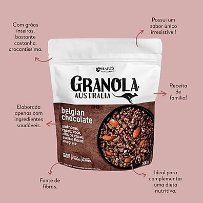 Hart's Natural Granola Australia Belgian Chocolate | Granola Sem Glúten, Sem Lactose, Vegano | 100% Natural | Alto em Fibras | Snack Saudável | 300g