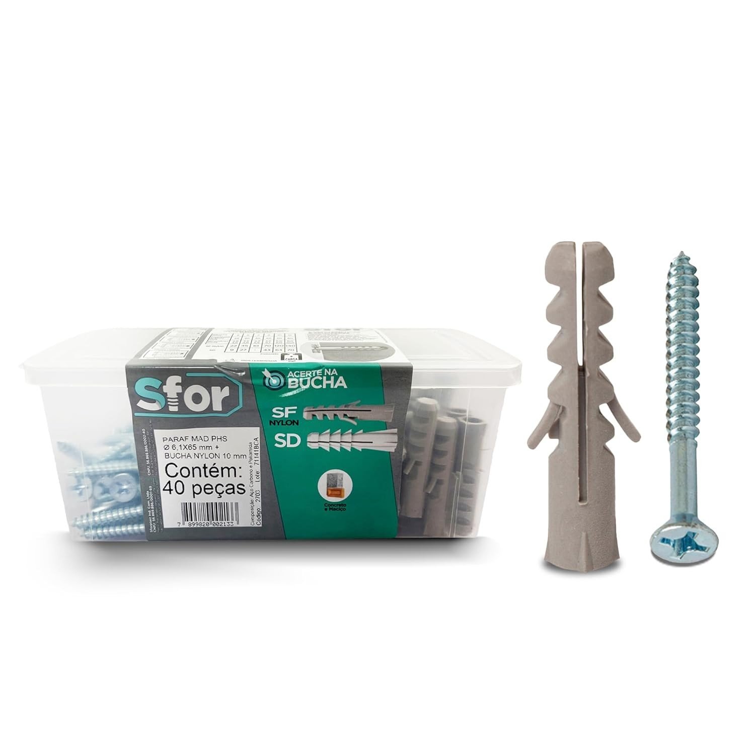 SFOR Bucha Nylon 10mm com Parafuso Madeira Phillips 6,1x65 - Kit 80 Peças para Fixação Segura