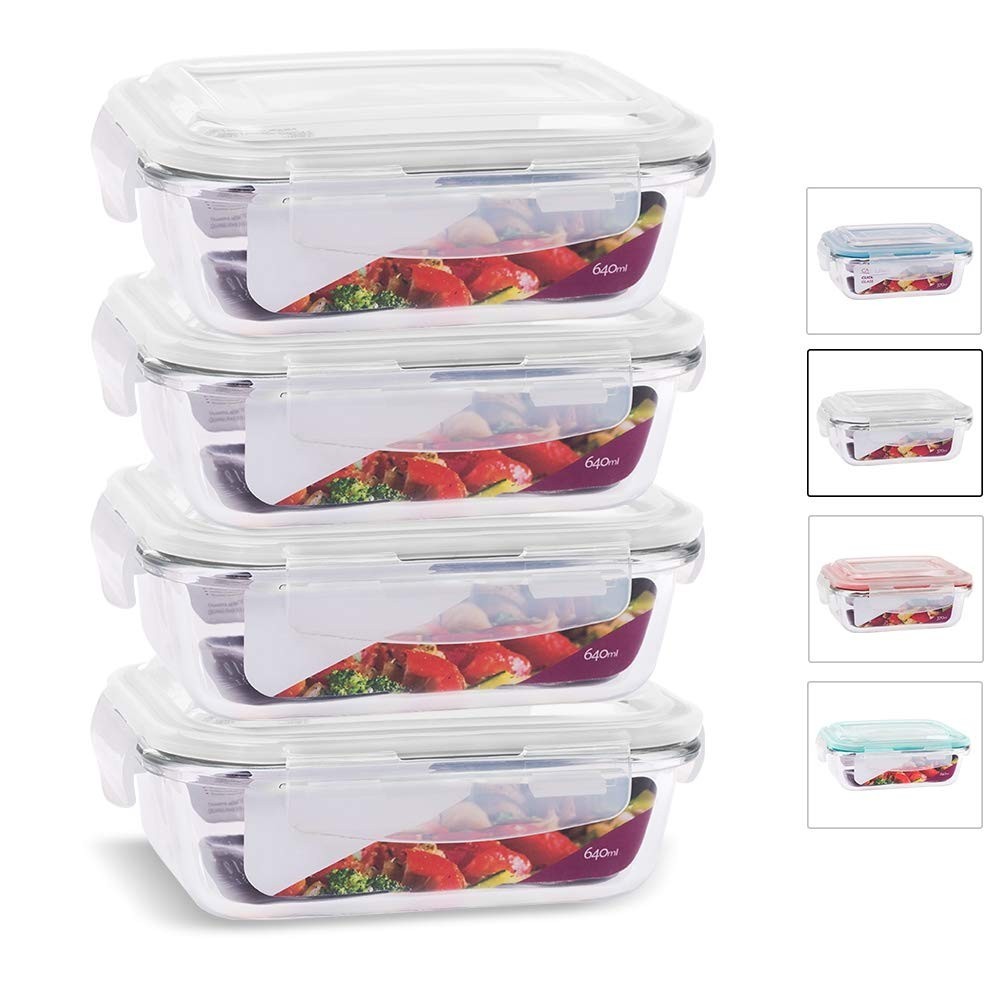 Kit 4 Potes de Vidro Retangular com Tampa Hermética 640ml - Frescor e Segurança na Sua Cozinha