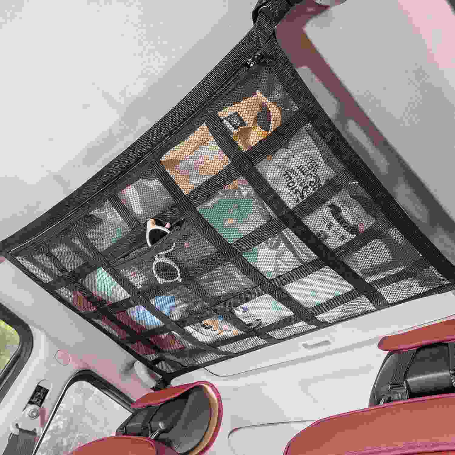 Organizador de Teto de Carro: Bolso de Rede Dupla com Zíper para Máximo Espaço e Segurança