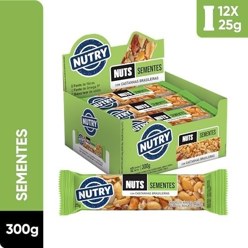 Nutry Barra de Nuts Sementes 25g - Display Com 12 Unidades - Com Castanhas Brasileiras, Amendôas e Sementes de Gergelim, Linhaça, Girassol e Abóbora