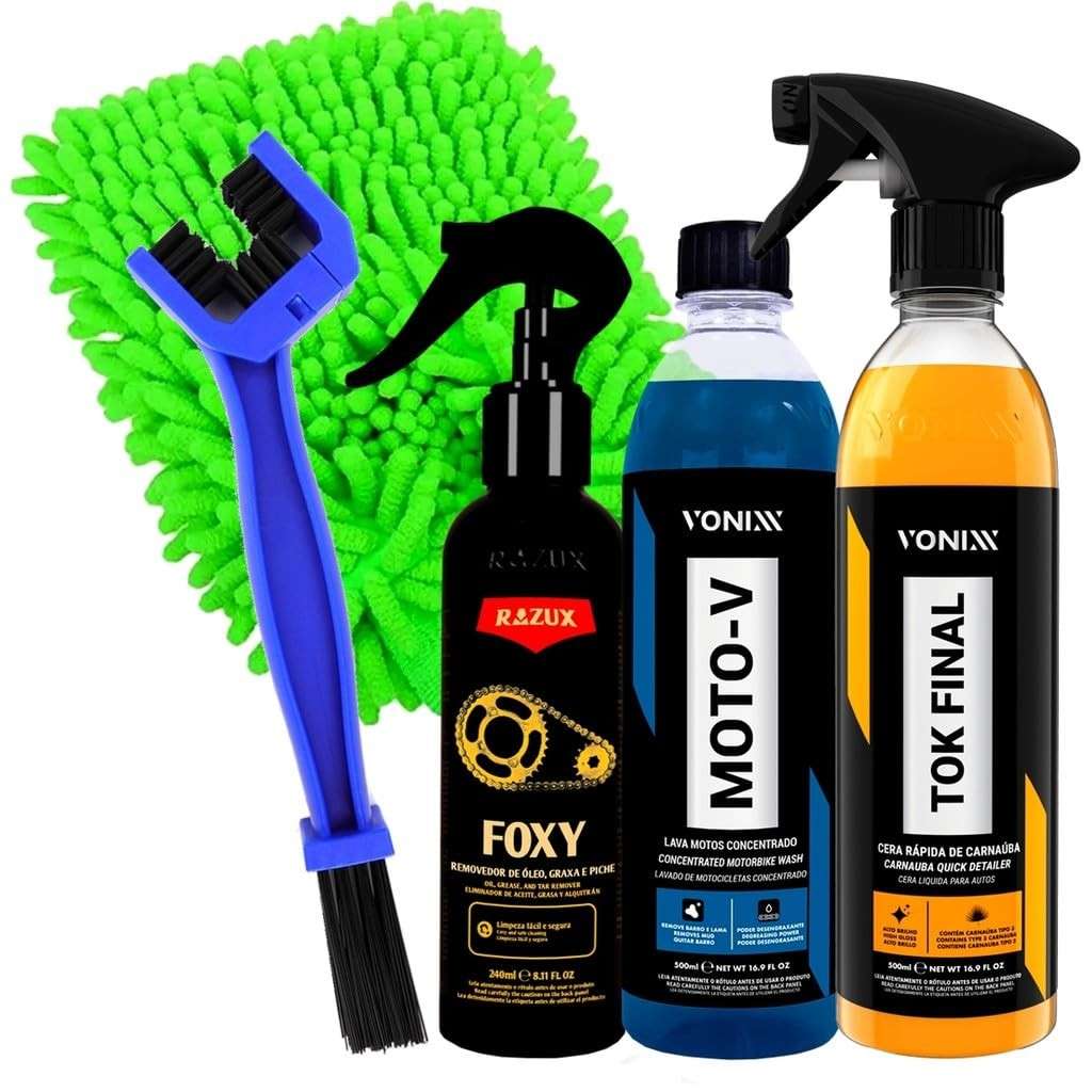 Kit Completo Lavagem Moto: Shampoo Moto-V, Cera Tok Final & Limpa Corrente Razux