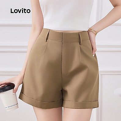 Shorts Lovito Casual em Damasco com Bolso Plissado - Estilo e Conforto Feminino