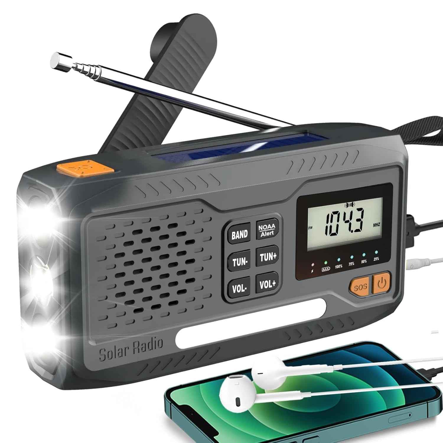 Rádio Meteorológico de Emergência 7400mWh: Solar, Manivela, AM/FM/NOAA e Carregador Celular
