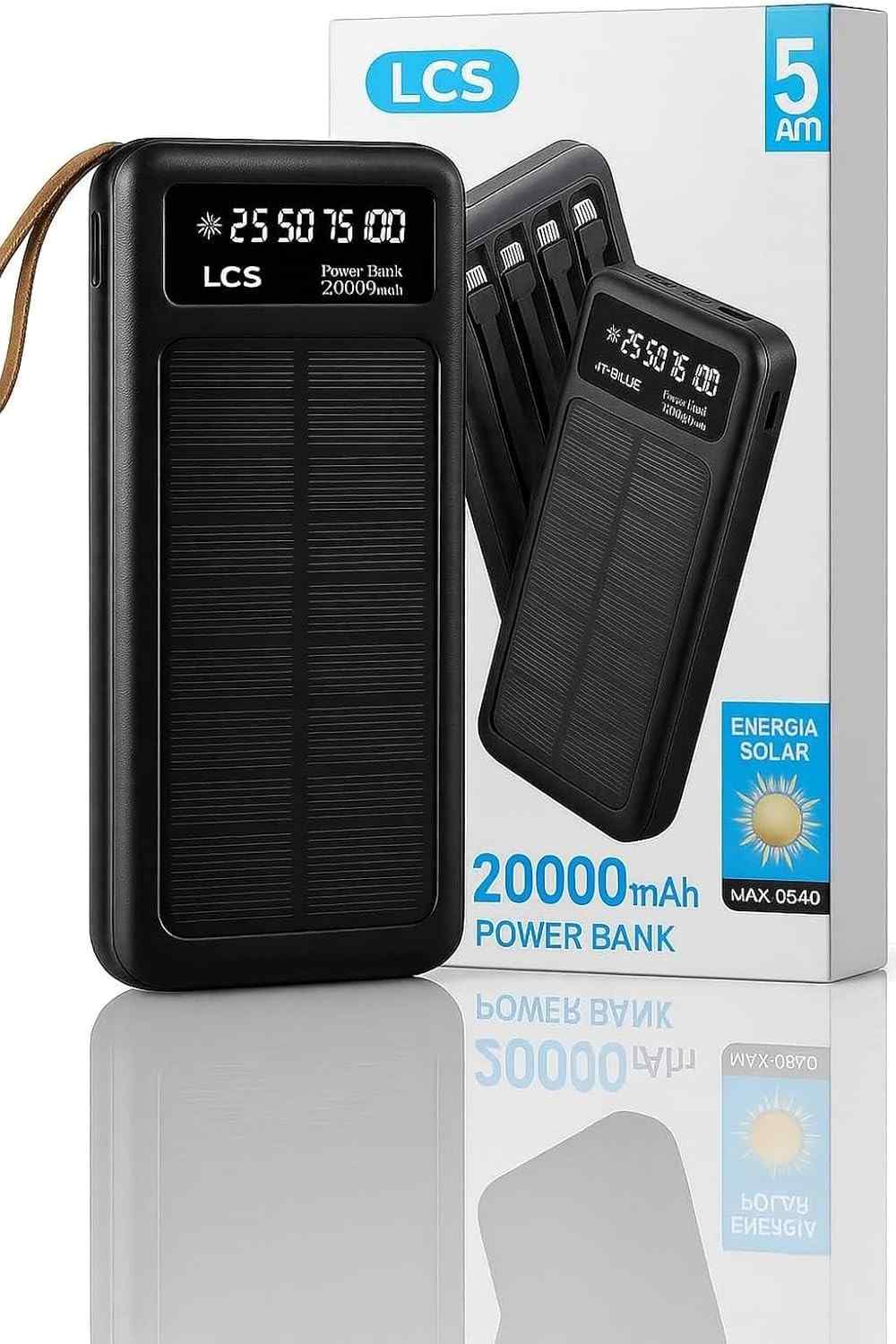 Power Bank Solar 20000mAh: Carregador Portátil com Cabos Embutidos e Display Digital - Ideal para Viagens e Camping (Preto)