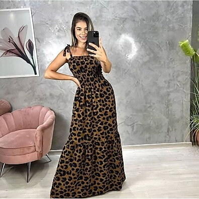 Vestido Longo de Alastex (Onças) – Conforto e Estilo que Não Soltam