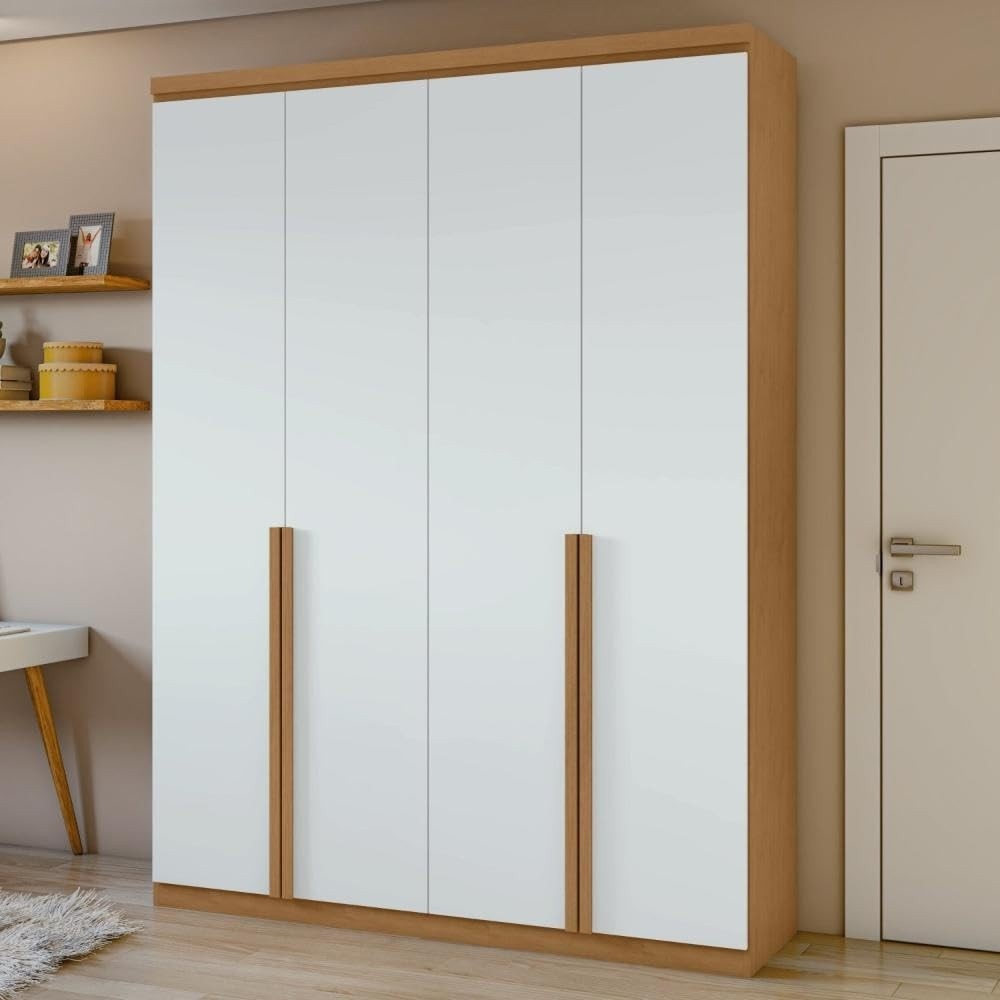 Guarda-Roupa Solteiro 4 Portas 2 Gavetas Alonzo - Design Clean Moderno em Amêndoa e Branco